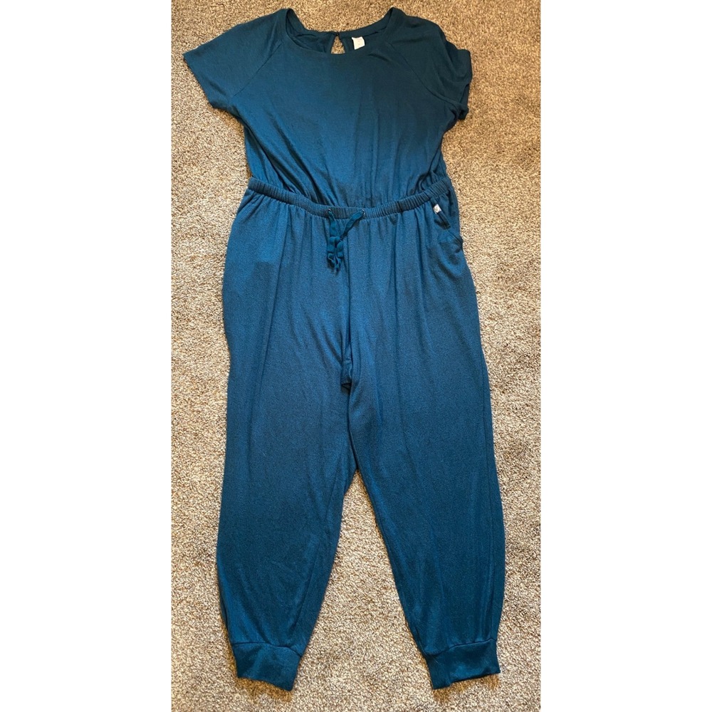 Livi Active Women Plus Size 18/20 Teal Heathered Short Sleeve Jogger Jumpsuit